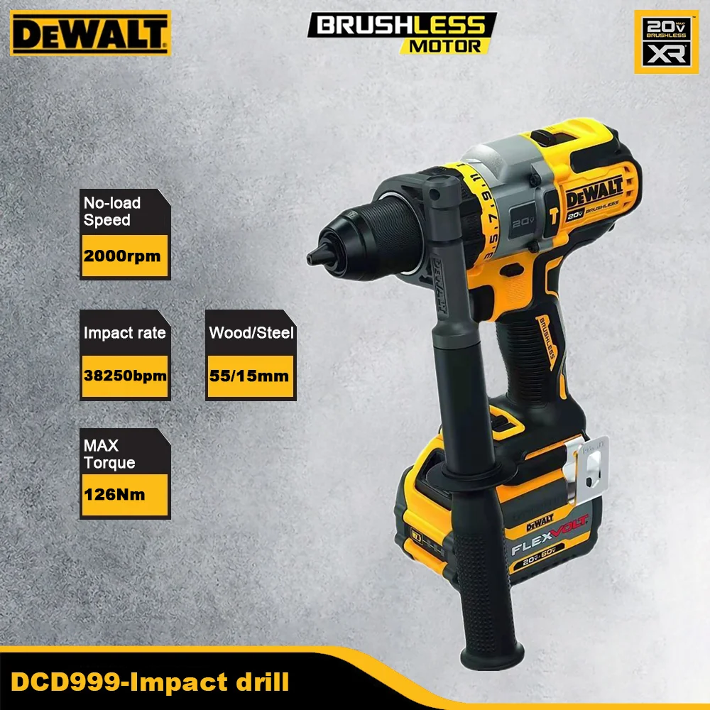 Dewalt DCD999 Wireless Impact Drill Rechargeable Heavy Duty 126Nm 2000rpm 38250bpm Brushless 3 Speed and LED Universal 20v & 18v