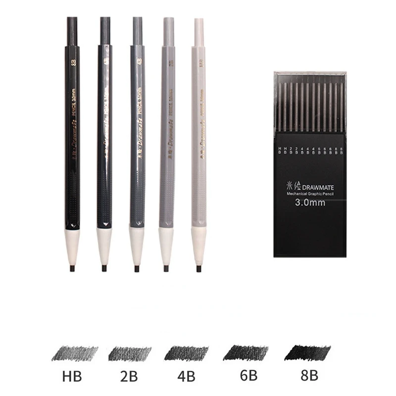 Ceny 5 Sztuk/pudło HB Ołówek Automatyczny Zestaw Do Szkicowania Komiks Węgiel 3.0mm Zestaw Ołówków Student Dostaw Sztuki Nadaje Się Dla Początkujących