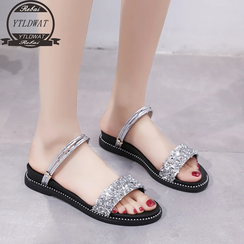 

Женские сандалии с кристаллами, модная Нескользящая пляжная обувь на плоской подошве, украшения для женщин, лето