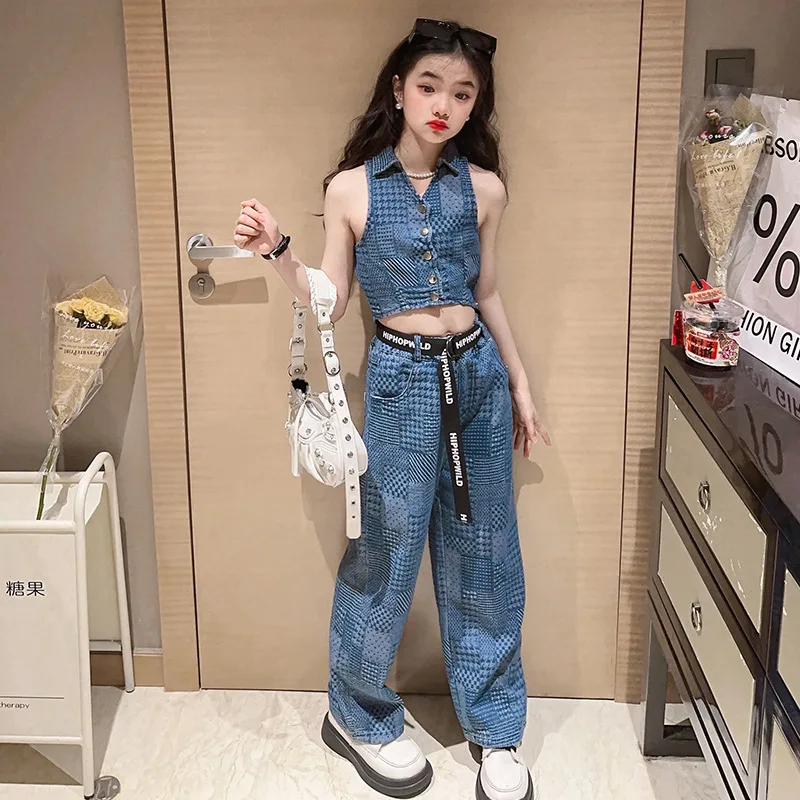 

Корейский стиль, детская одежда для девочек, Летний джинсовый наряд с принтом, джинсовый клетчатый жилет, рубашка + широкие штаны, комплекты для модных детей, девочек
