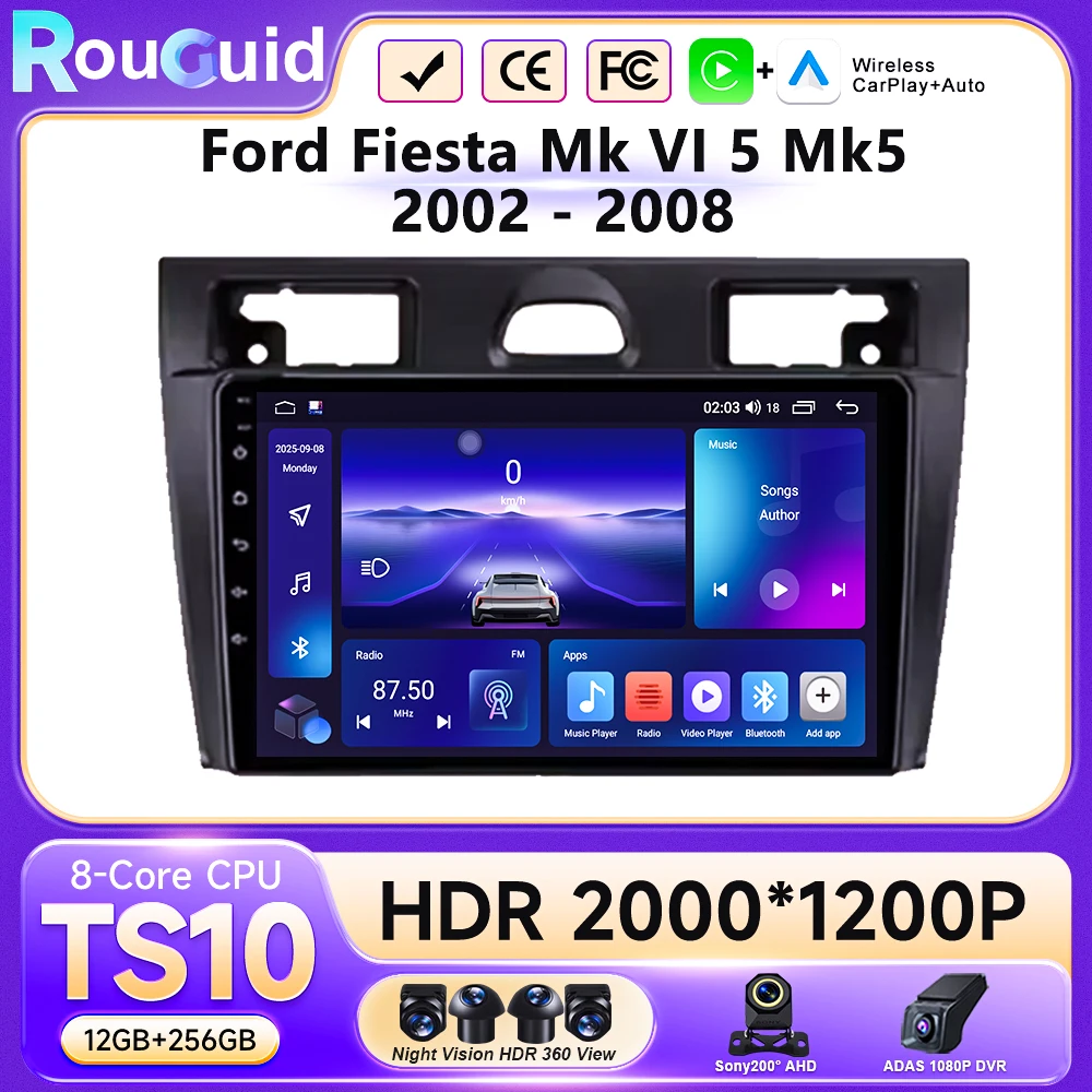 Фото Автомагнитола Android 16 для Ford Fiesta Mk VI 5 Mk5 2002-2008, мультимедиа, видео, беспроводной Carplay, навигация GPS, сенсорный экран, DVD №1