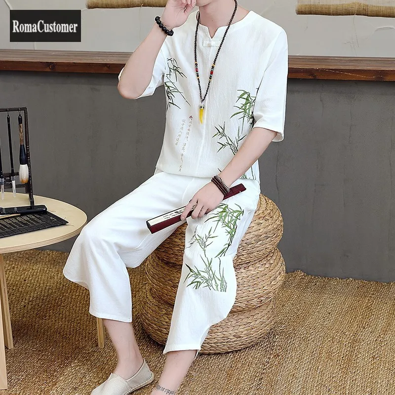 

Summer Short Sleeve Tops Elastic Waist Casual Pants Two Piece Set Wild Mens New Embroidery Vintage Linen T-Shirt Male Sets
