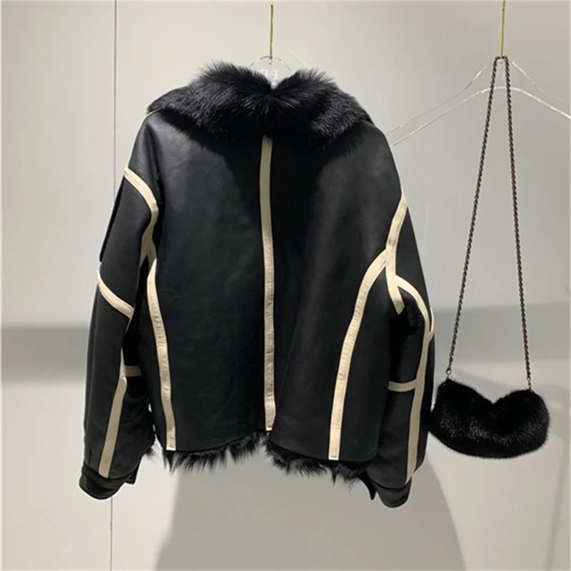 Winter New Women Sheep Wool Fur Real leather jacket sheepskin Double face Coat Oversized