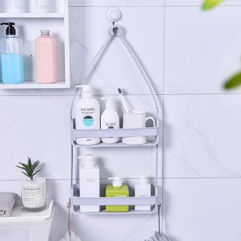 

Bathroom Double Layers Hanging Shelf Bath Supplies Storage Rack Plastic DIY Shower Organiser Holder Tidy kitchen storage