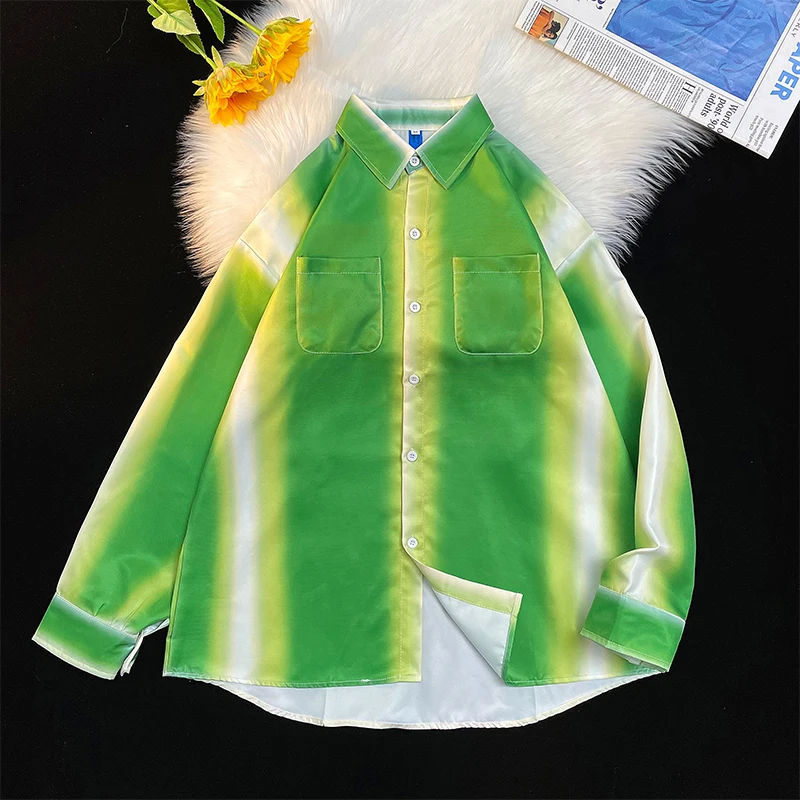 

Spring Gradient Mesh Red Westernized Korean Long Sleeve Shirt Men's Fashion Top