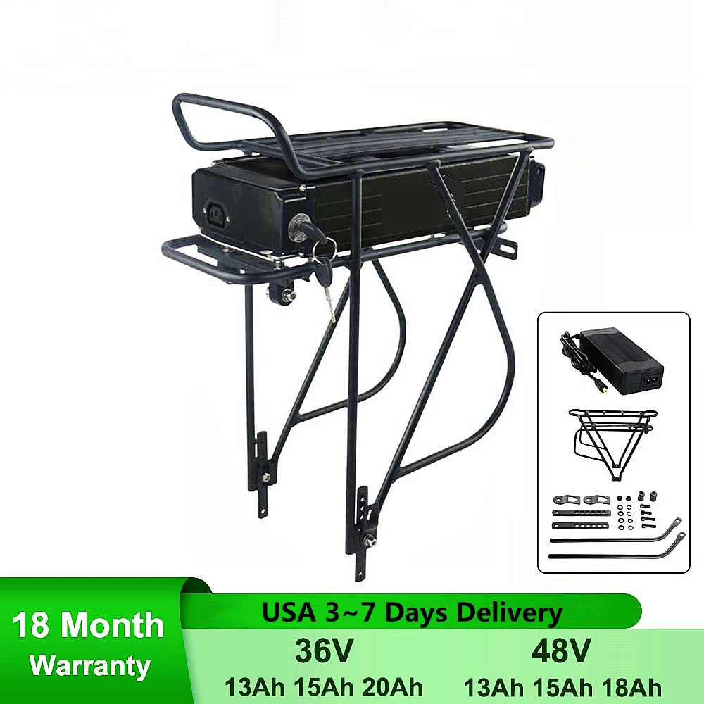 

36V 48V 52V Rear Rack Electric eBike Battery 13Ah 15Ah 18Ah With 24-28" Layer Luggage for 1000W 750W 500W 350W Bafang Motor