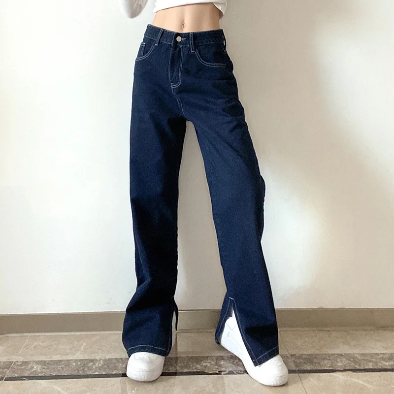 

Fashion Women's Trousers Solid Color Fashion Casual High-waisted Straight Pocket Jeans Clothes for Women Fall 2021