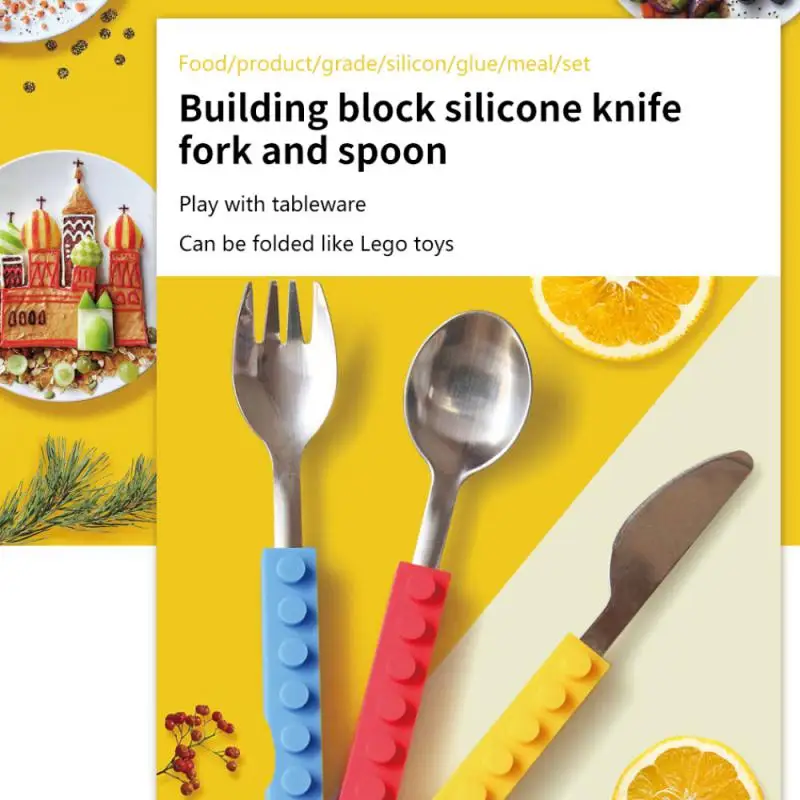 

Three In One Silicone Block Handle 1 Set Tableware Safety Cartoon Silicone Block Fork Spoon Kitchen Accessories Childrens Knife