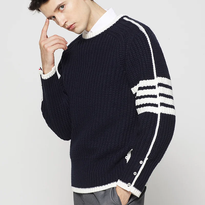 Men's TB THOM Wool Knitting Sweater Winter Thickening 4-Bar Striped Fashion Casual Pullovers Korean Loose Stretch O-Neck Sweater