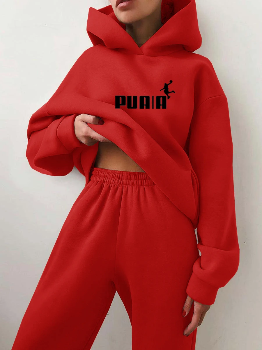 Women's Tracksuit Casual Solid Long Sleeve Hooded Sport Suits Autumn Warm Hoodie Sweatshirts And Long Pant Fleece Two Piece Sets