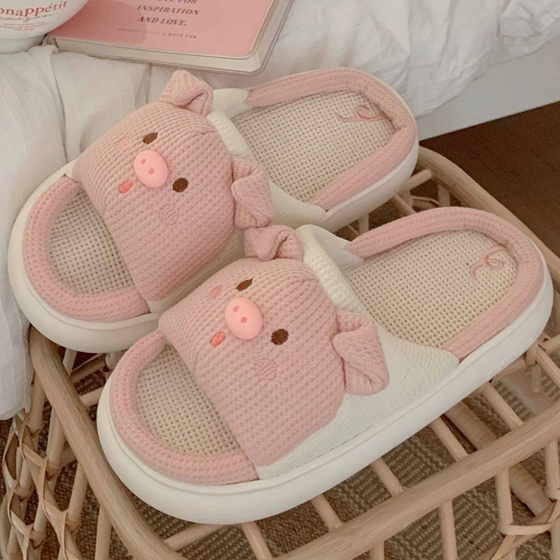 Hemp Women Slippers Cute Pink Piglet Modeling Design  Home Cotton Flax Ladies Casual Shoes Non-slip Bedroom Woman Slides Shoes