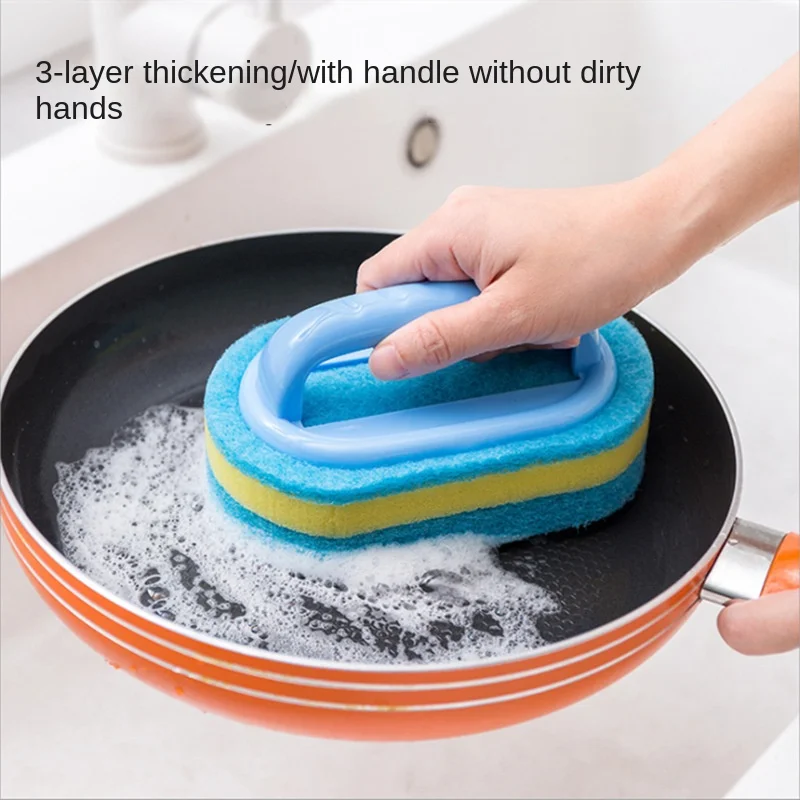 

Multifunction Handles Blue Sponge Brush Scouring Pad Kitchen Pot Dish Cleaning Sponge Bathroom Bathtub Tile Brush