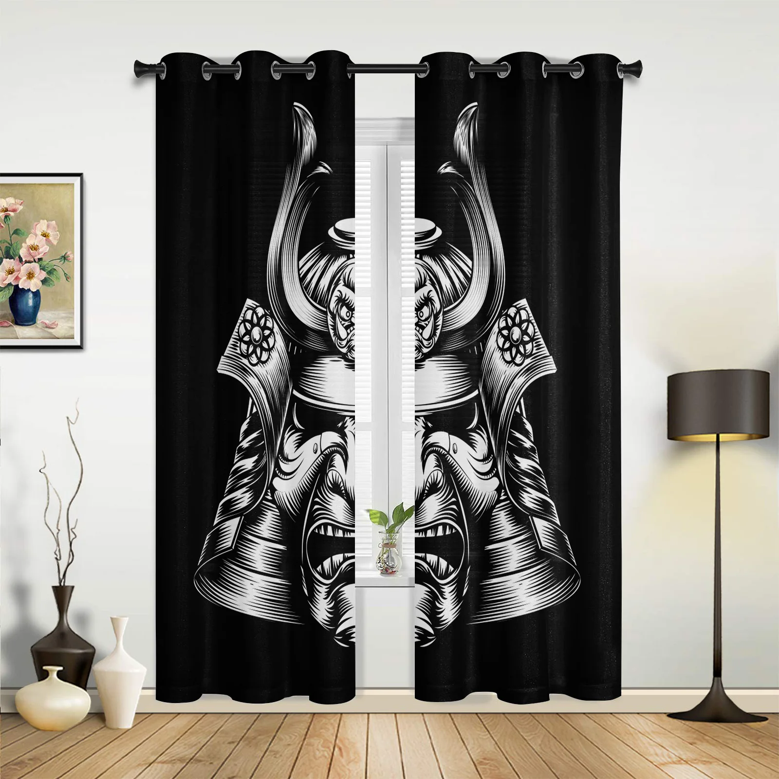 

Japanese Samurai Helmet Black Curtains for Bedroom Living Room Drapes Kitchen Children's Room Window Curtain Modern Home Decor