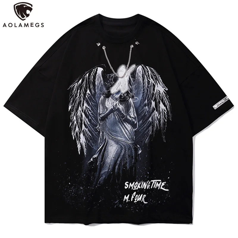 

Aolamegs Men's Oversized T-Shirts Angel Graphic Print T Shirt Summer Harajuku Hip Hop Loose Top Tees High Street Casual Clothes