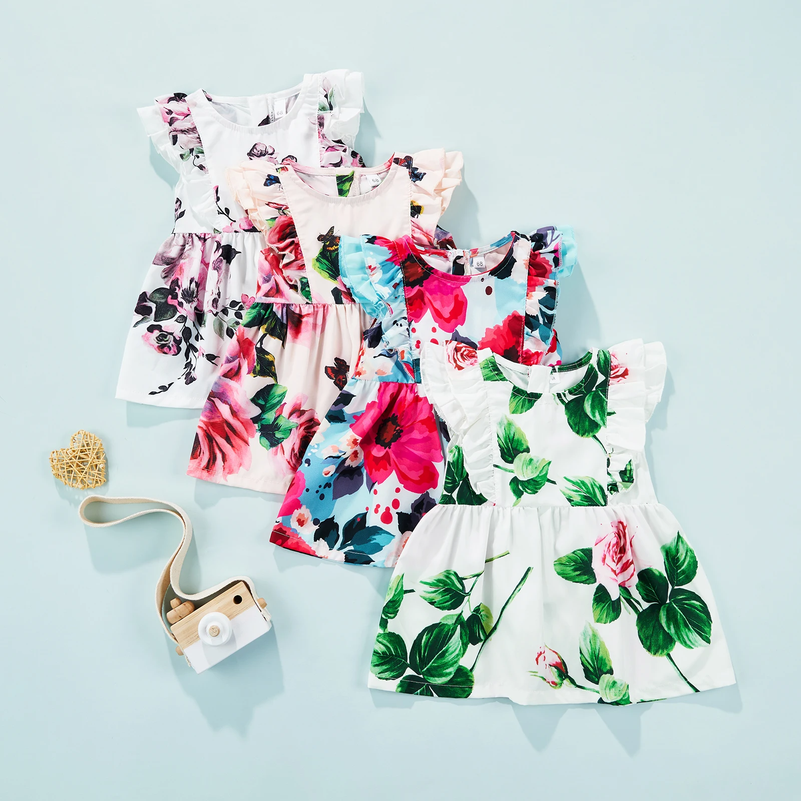 

Летнее платье для маленьких девочек, платье принцессы с цветочным принтом и круглым вырезом, платье с оборками и летающим рукавом, костюм дл...