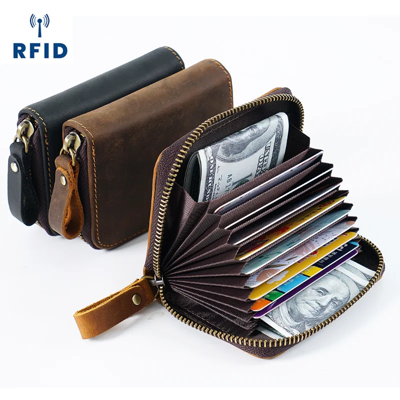 Man Vintage RFID Blocking Money Wallet Crazy Horse Leather Credit Card Case Business Purse Cash Coin Pocket for Men Card Holder