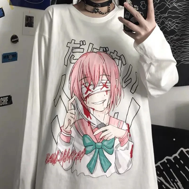 

Autumn Women T Shirt Clothes Fashion Korean Harajuku Dark Anime Loose Couple Winter White Long Sleeved T-shirts Female Tops y2k