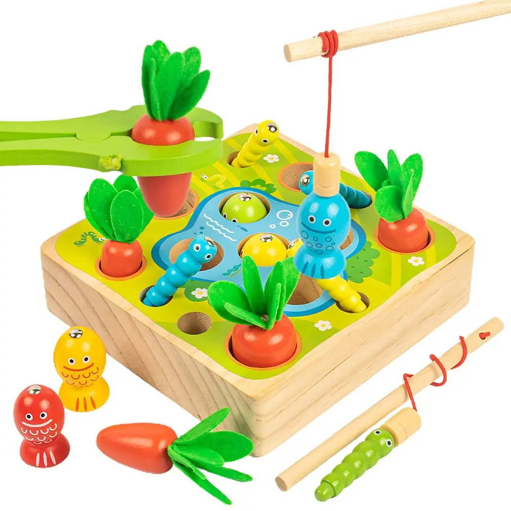 

Infant Toys Wooden 3-in-1 Magnetic Catching Bugs Pulling Radishes Educational Toy Set Happy Farm Game