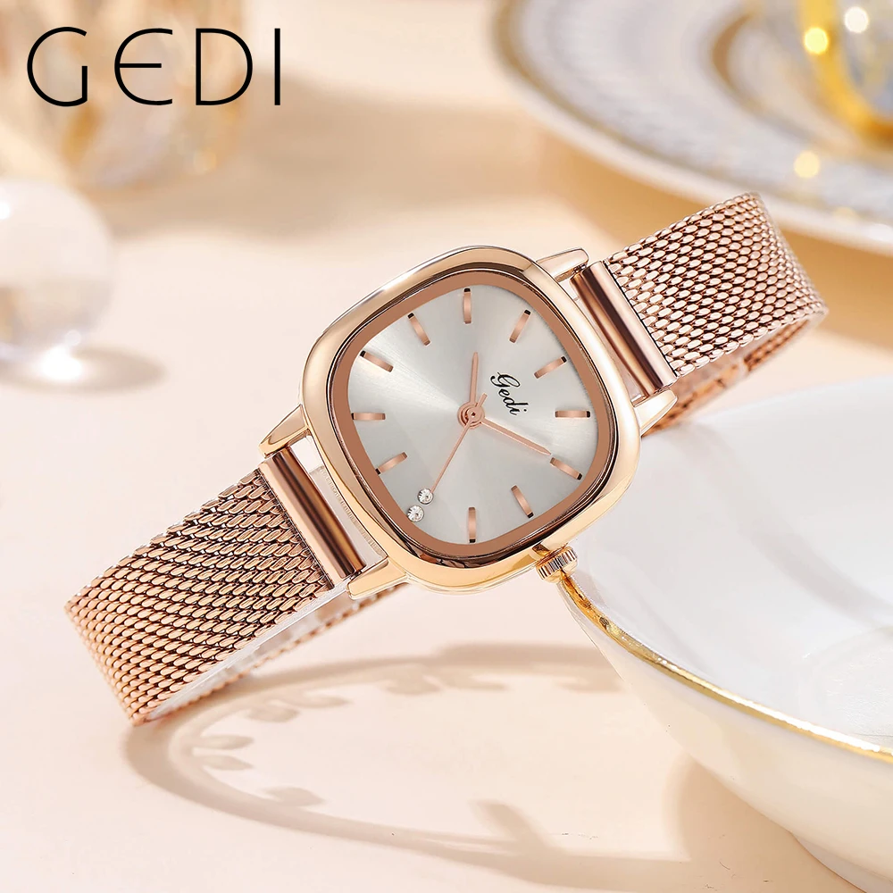 GEDI Luxury Rose Gold Square Women Watches Fashion Milanese Steel Strap Waterproof Analog Quartz Wrist Watch for Ladies Clock
