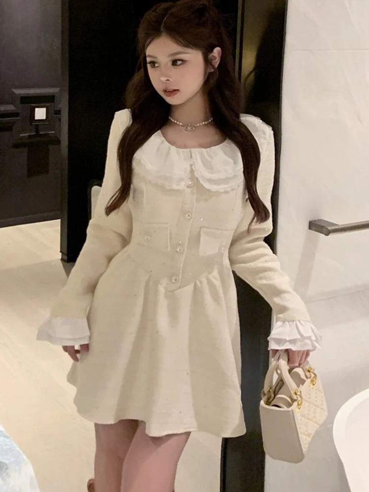 

French Fashion Design Sweet Ruffles Peter Pan Collar Tweed Dress For Women Flare Long Sleeve Slim A-Line Party Dresses Vestidos