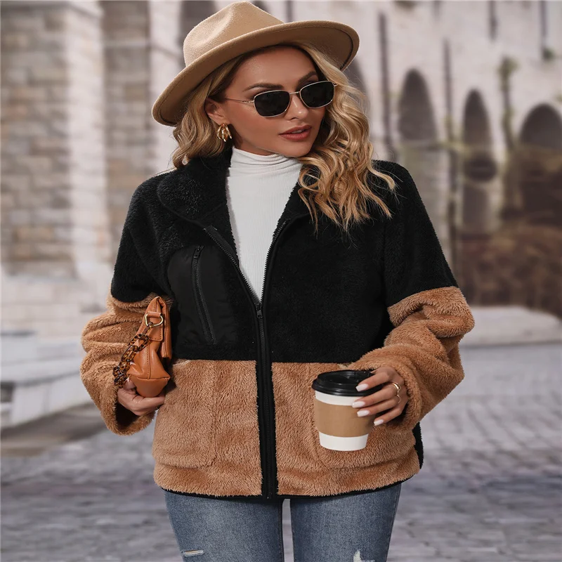 Autumn and Winter Women's Lapel Long Sleeve Loose Color Blocking Zipper Thickened Double-sided Fur Fashionable Casual Coat