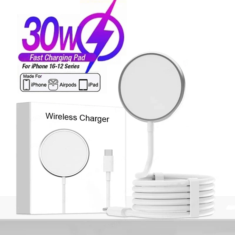 Фото Оригинальное Беспроводное зарядное устройство Apple Magsafe для iPhone 16 15 14 13 12 11 Pro Max X XS XR 8 Plus, кабель с молнией для быстрой зарядки типа C №1