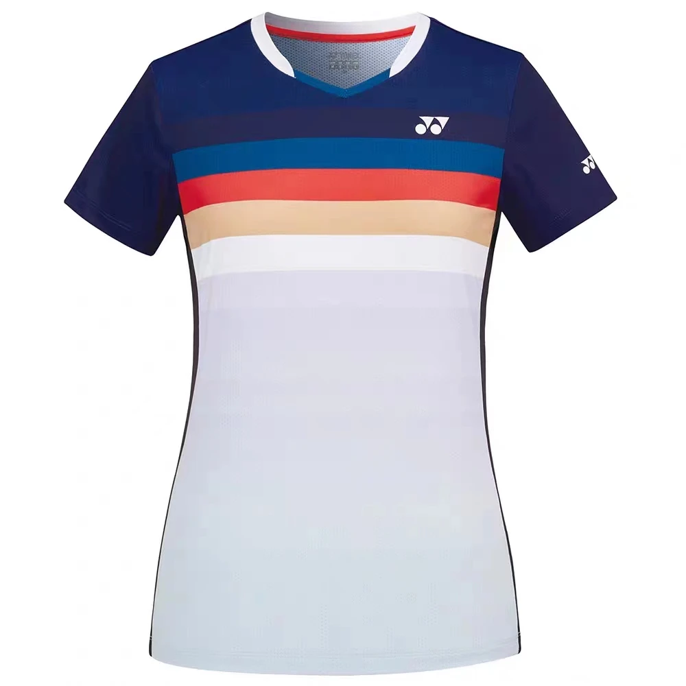 YY badminton T-shirt half sleeve rainbow color V-neck men and women outdoor sports tennis quick drying clothes breathable sweat