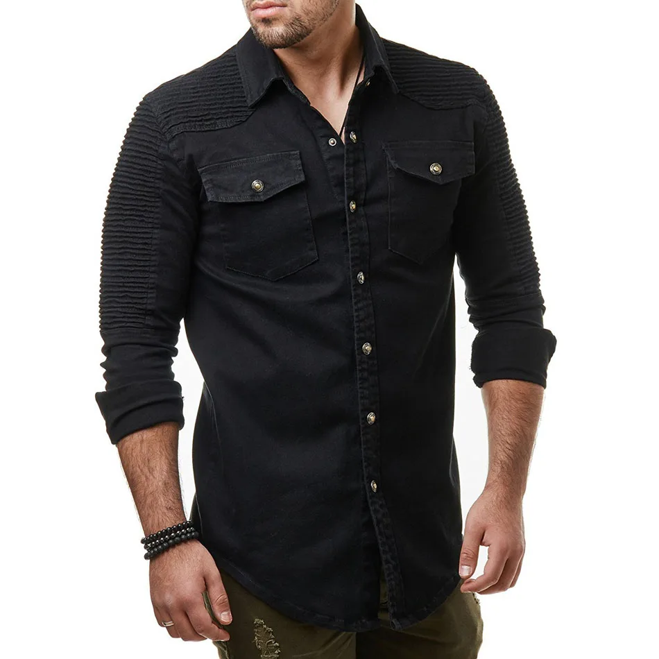 

Shirt Long-Sleeves Washable Cowboy Shirt Pocket Decoration Mens Dress Shirts Slim Men Shirt