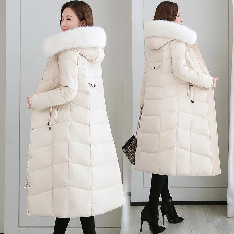 

Зимнее женское пальто средней длины, 2021, корейская мода, большой меховой воротник, хаки, пуховое хлопковое пальто выше колена