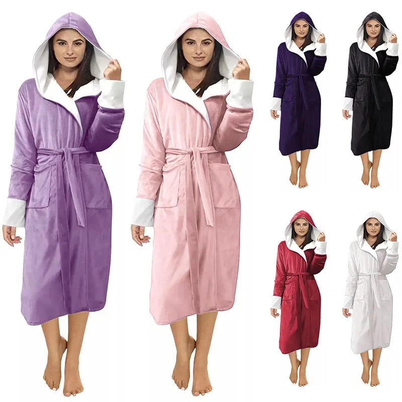 

Autumn Winter Soft Sleepwear Extended Hooded Nightgown Women's Jacquard Flannel Pyjamas Thicker Warm Ladies Night Clothes