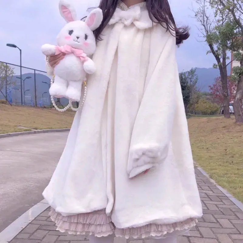 2023 Winter Japanese Lolita Coat WomenKawaii Faux Rabbit Furry Cute Padded Warm Fake Fur Coat Soft Sister Cute Plush Shawl Over