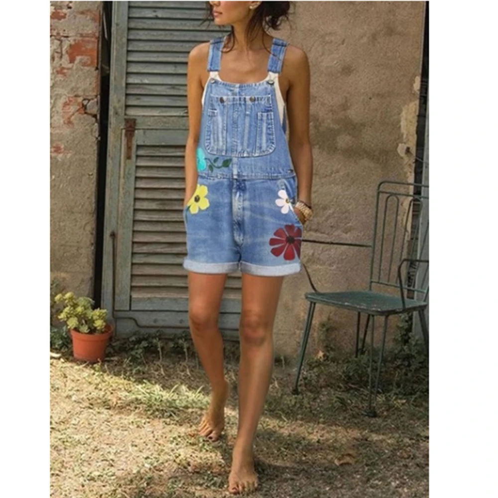 Women Jumpsuits Denim Printed Blue Pocket Thin Washed Female Rompers Overalls Summer Playsuit Fashion Belted Ladies Overalls