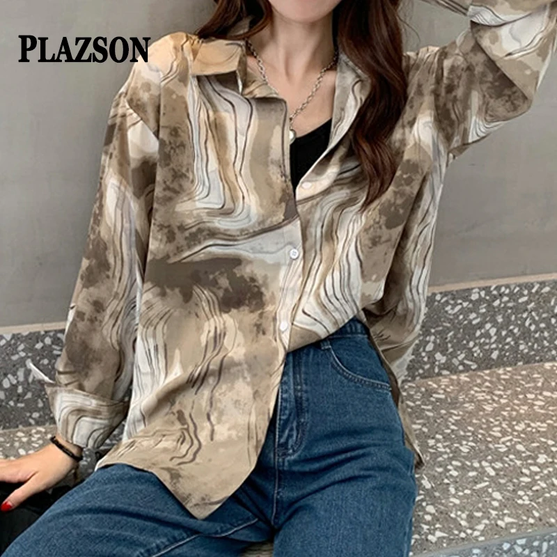 

PLAZSON blusa mujer camisas e blusas Women Long Sleeve Loose Oversized Blouse Shirts Elegant Print Autumn Button Lapel Shirt