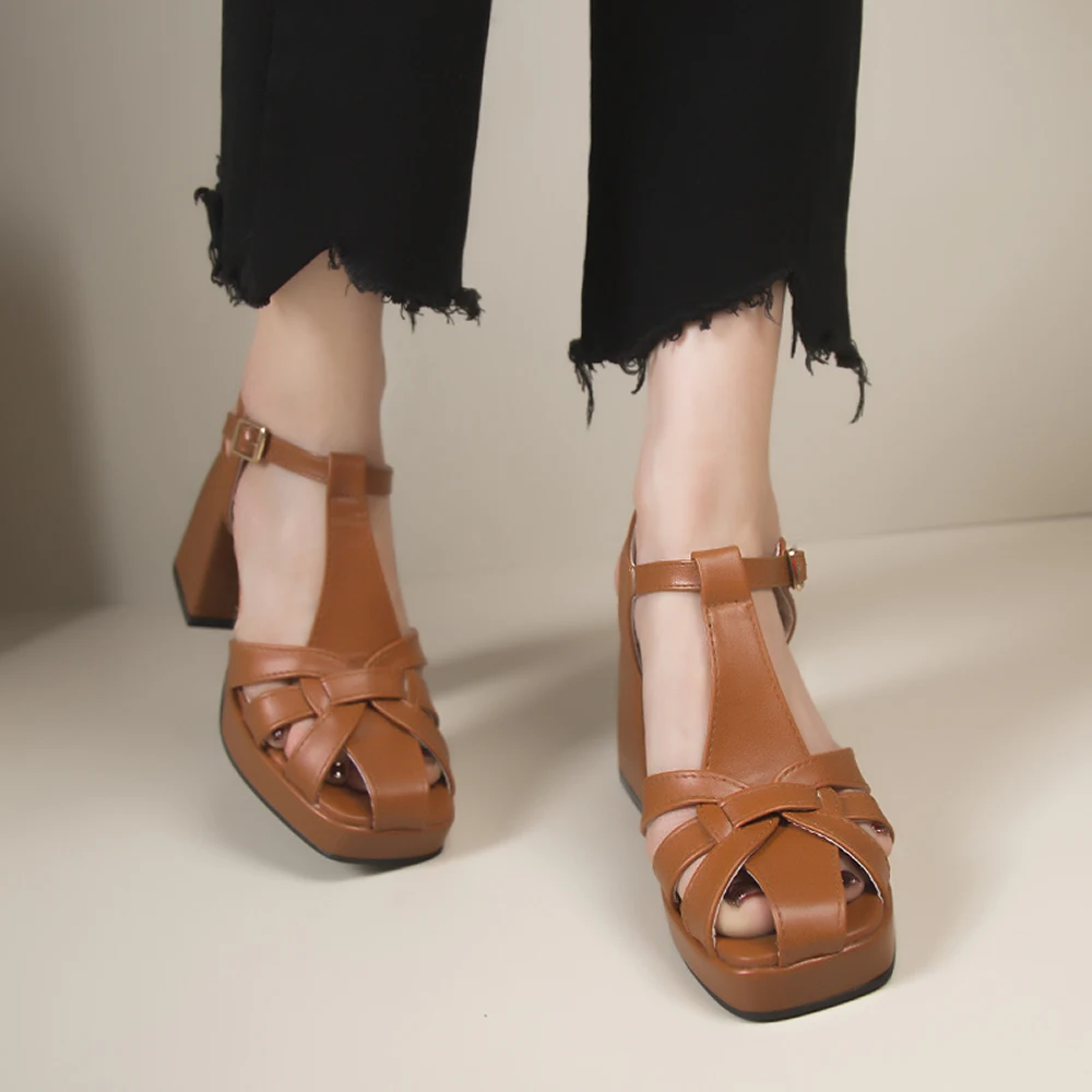 Leather all-match sandals women's 2023 summer new thick heel high heel waterproof platform hollowed out Roman pig cage shoes