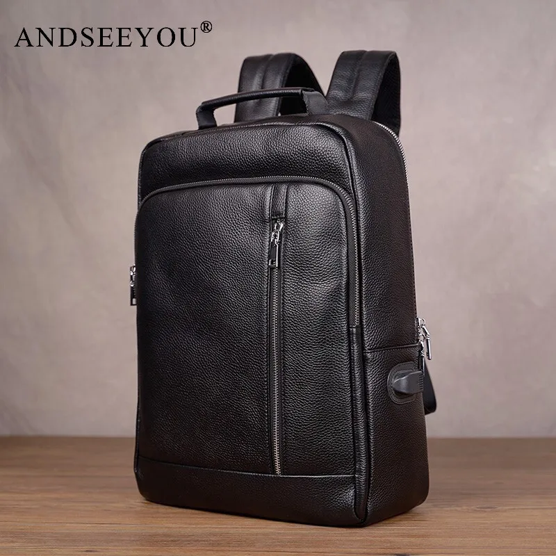 

Andseeyou Brand Men's Leather Backpack First Layer Cowhide Backpack Large Capacity Travel Bag Fashion Trend Schoolbag Business C