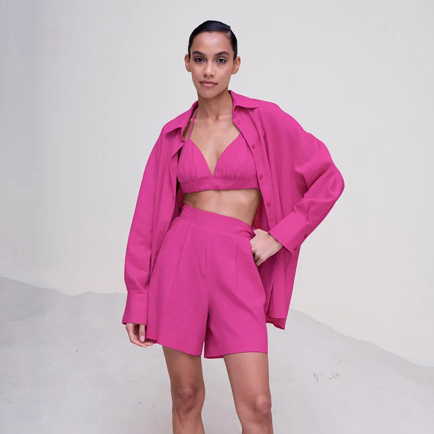 

Cotton Women Loose Shirt + Underwear + Short Pants 3 Pieces Sets Summer High Waist Short Sets Shirts Suit