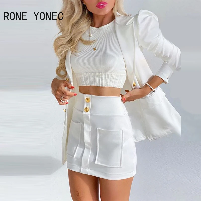 Женский элегантный пиджак на пуговицах с пышными рукавами и дизайнерская юбка