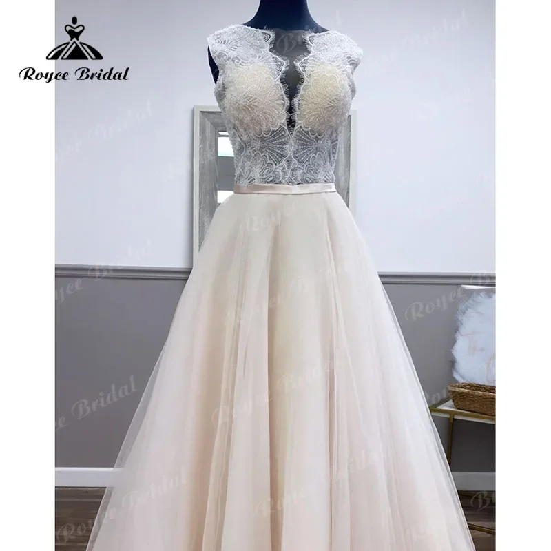 Винтажное свадебное платье трапециевидной формы с кружевным лифом и бисером без