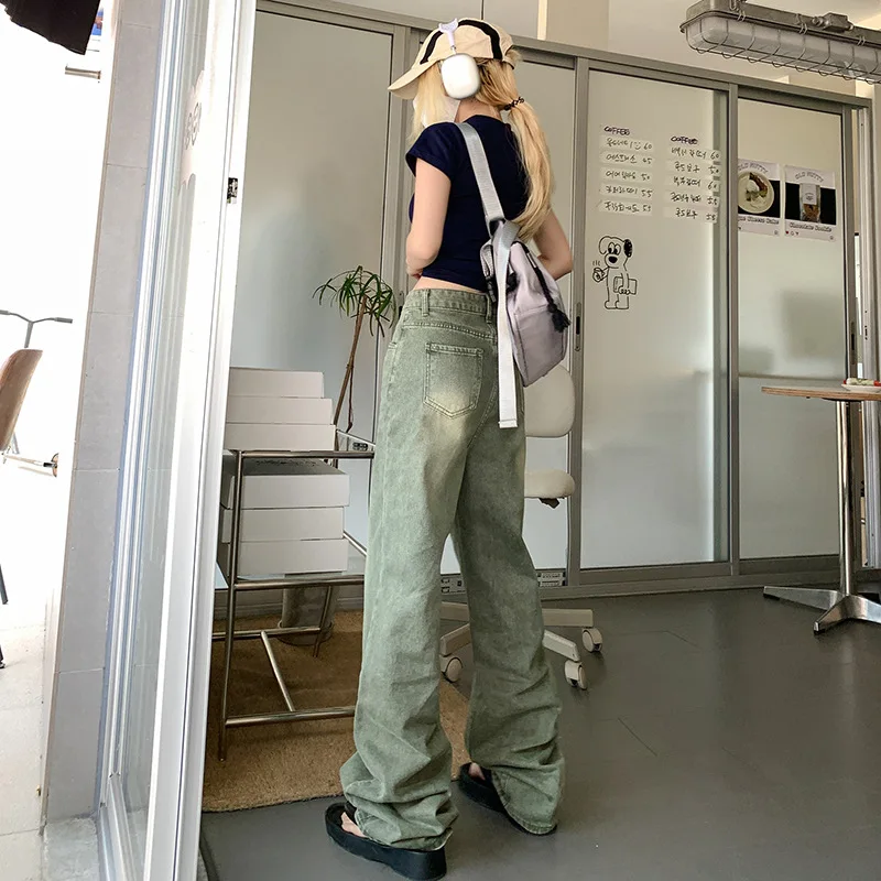 New Spring and Autumn High Waist Women's Jeans Small Green Straight Mop Trousers Loose Burrs Wide Leg