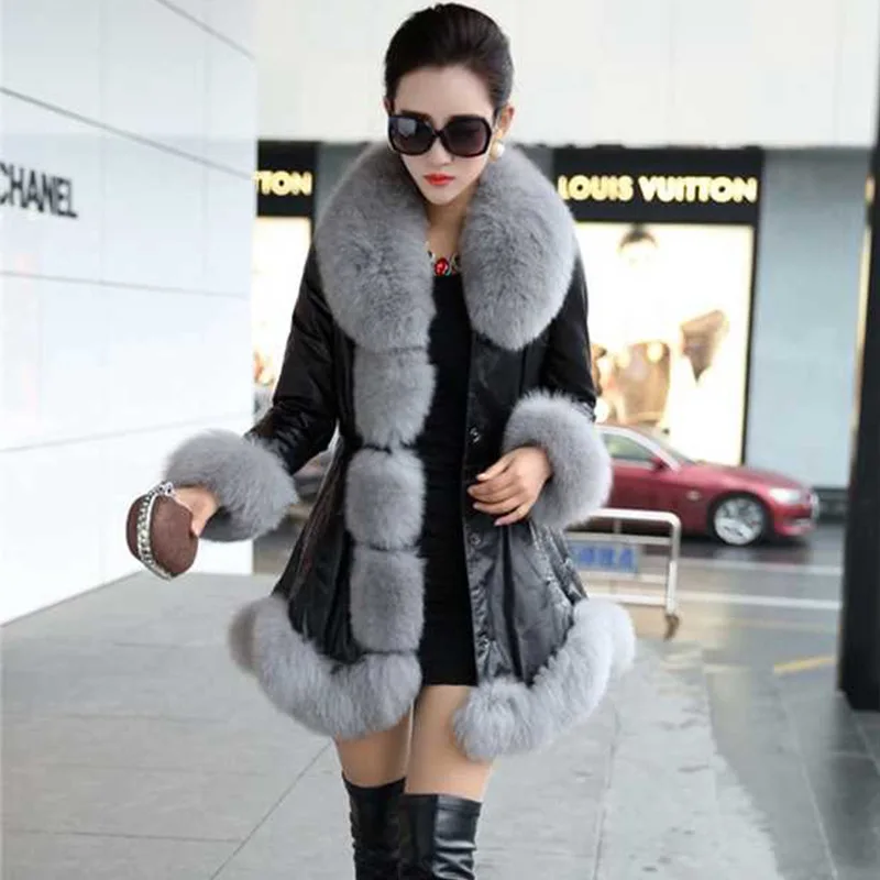Aux Fur Faux Sheepskin Women's Winter Coat Medium Length Fox Fur Collar Hooded Slim-fitting Leather Garment