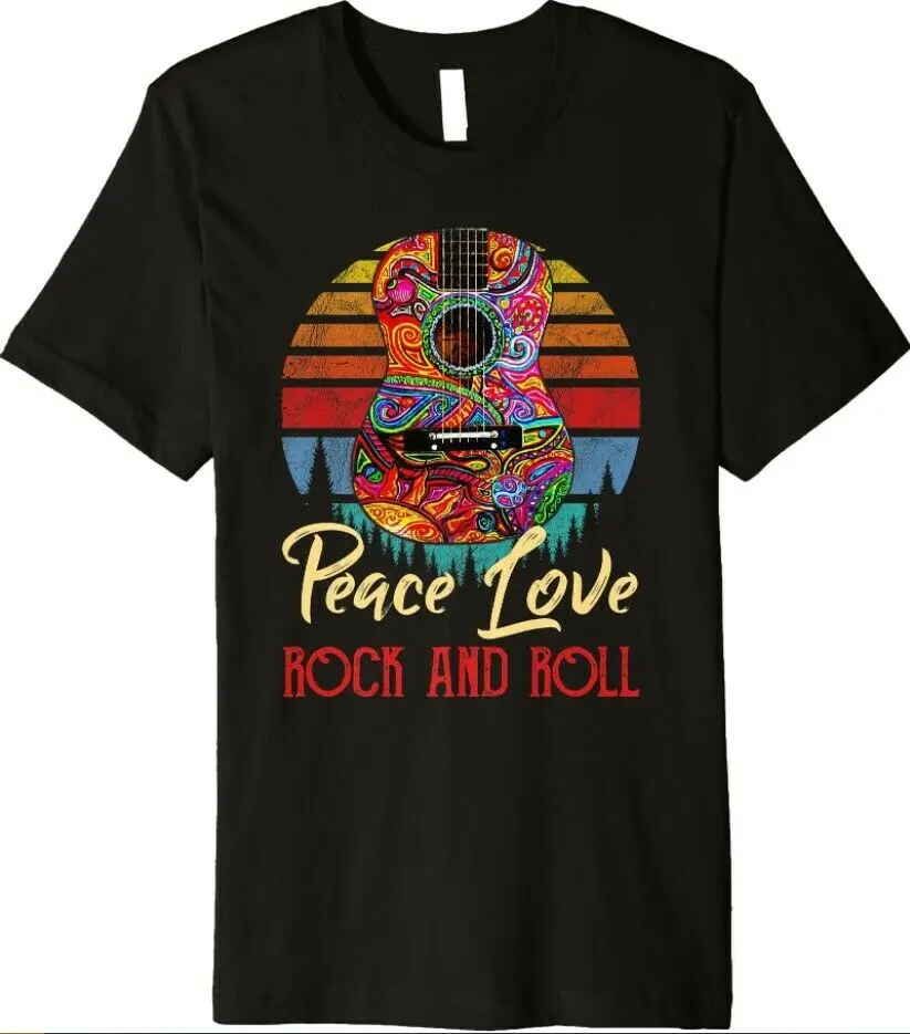 Винтажная Футболка Peace Love Rock And Roll Guitar подарки хиппи Премиум |