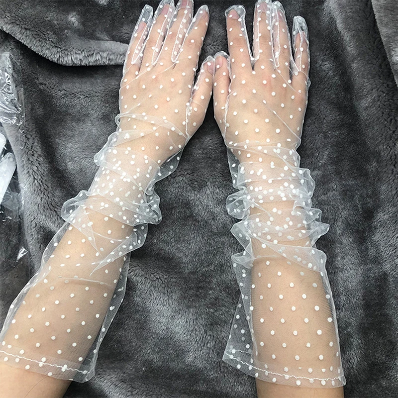 

Autumn Summer Women Short Tulle Gloves White Black Dot Weeding Gloves Stretchy Lace Spots Full Finger Mittens Mesh Lace Gloves