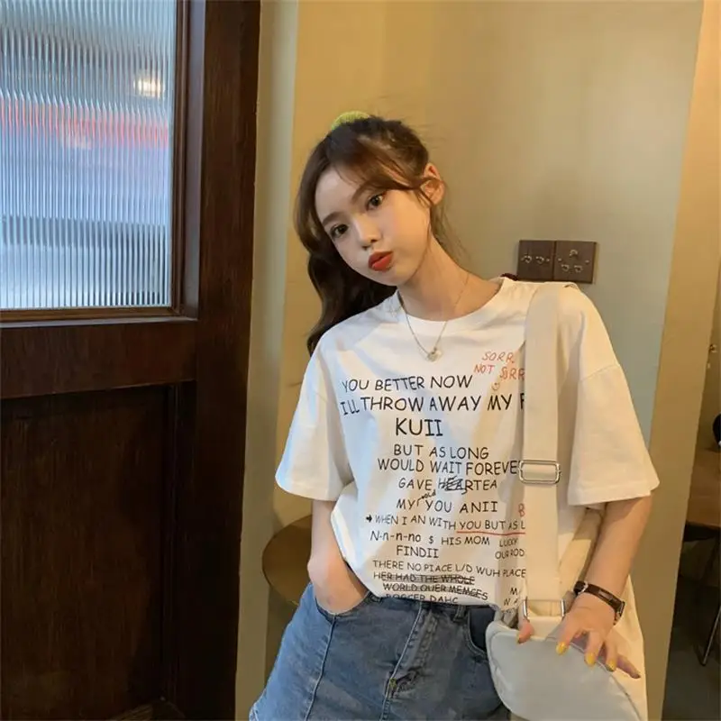 

Женская Повседневная Свободная футболка в Корейском стиле Harajuku с буквенным принтом, женские футболки, топы в японском стиле Kawaii Ulzzang, одежда для женщин
