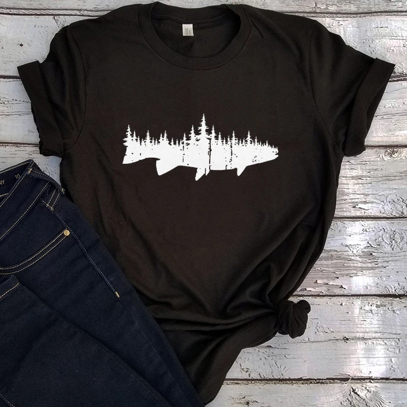 

Fish and Forest Tshirt Mens Fish Shirt Gift for Him Tee Fisherman Tshirts Summer 2022 Father Day Oversized Clothing Gothic
