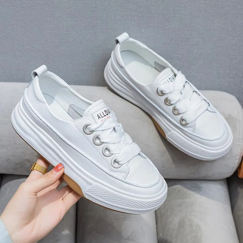 2023 Net Red Popular Split Leather Sneakers Women Spring Flat Platform Shoes Round Toe Breathing Student White Beige Flats 1009