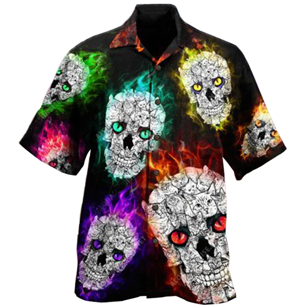 3d Cuban Collar Skull Print Shirt for Men Short Sleeve Vintage Hip Hop Party Fashion Hawaiian Men's Shirt Clothing Casual Blouse