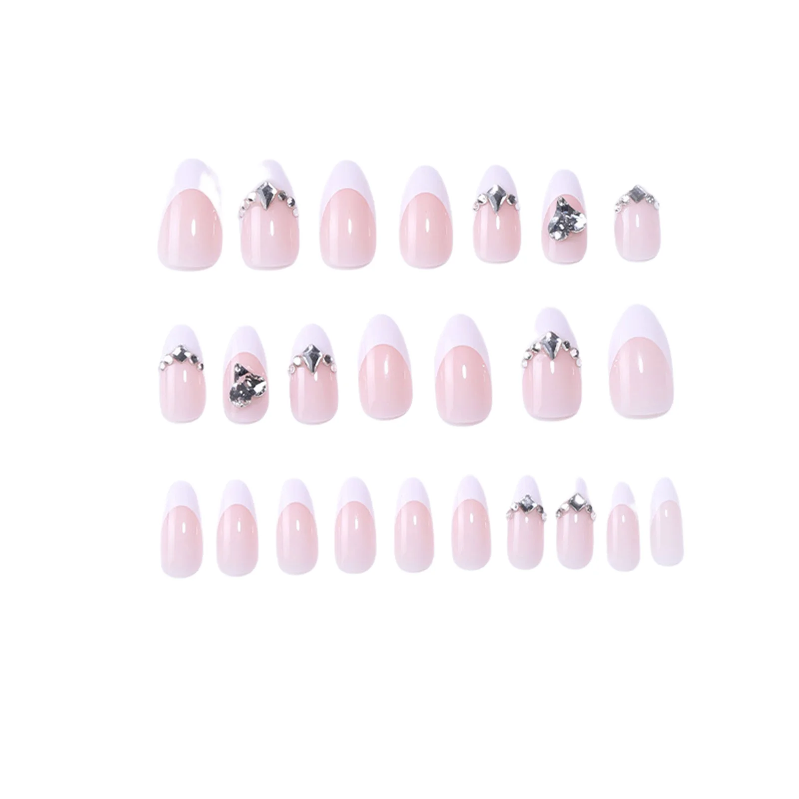 

French False Nail with Rhinestones Medium-length Sweet Style Artificial Nail for Salon Expert and Naive Women