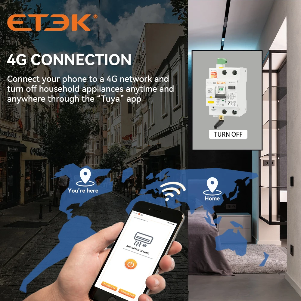 Фото Умный автоматический выключатель ETEC Tuya WiFi RCBO с дистанционным управлением, защитой от короткого замыкания, таймером, 2P, без функции измерения энергопотребления, EKR3L №5