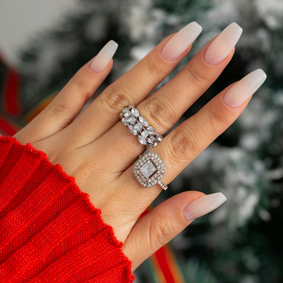 

IngeSight.Z 2 Pcs Hollow Full Rhinestone Ring Set for Women Luxury Silver Color Crystal Bridal Wedding Party Jewelry Finger Ring