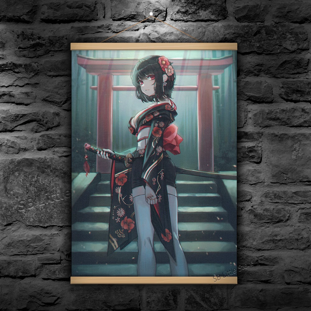 Anime Girls  Canvas Printed Video Game Poster Japan Chinese Painting Tapestry Design Japanese clothes katana torii